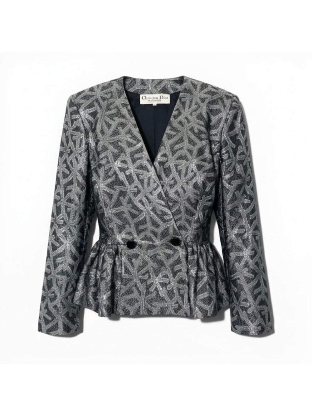 Dior Vintage Silver Silk Jacket Peplum All Over Pattern